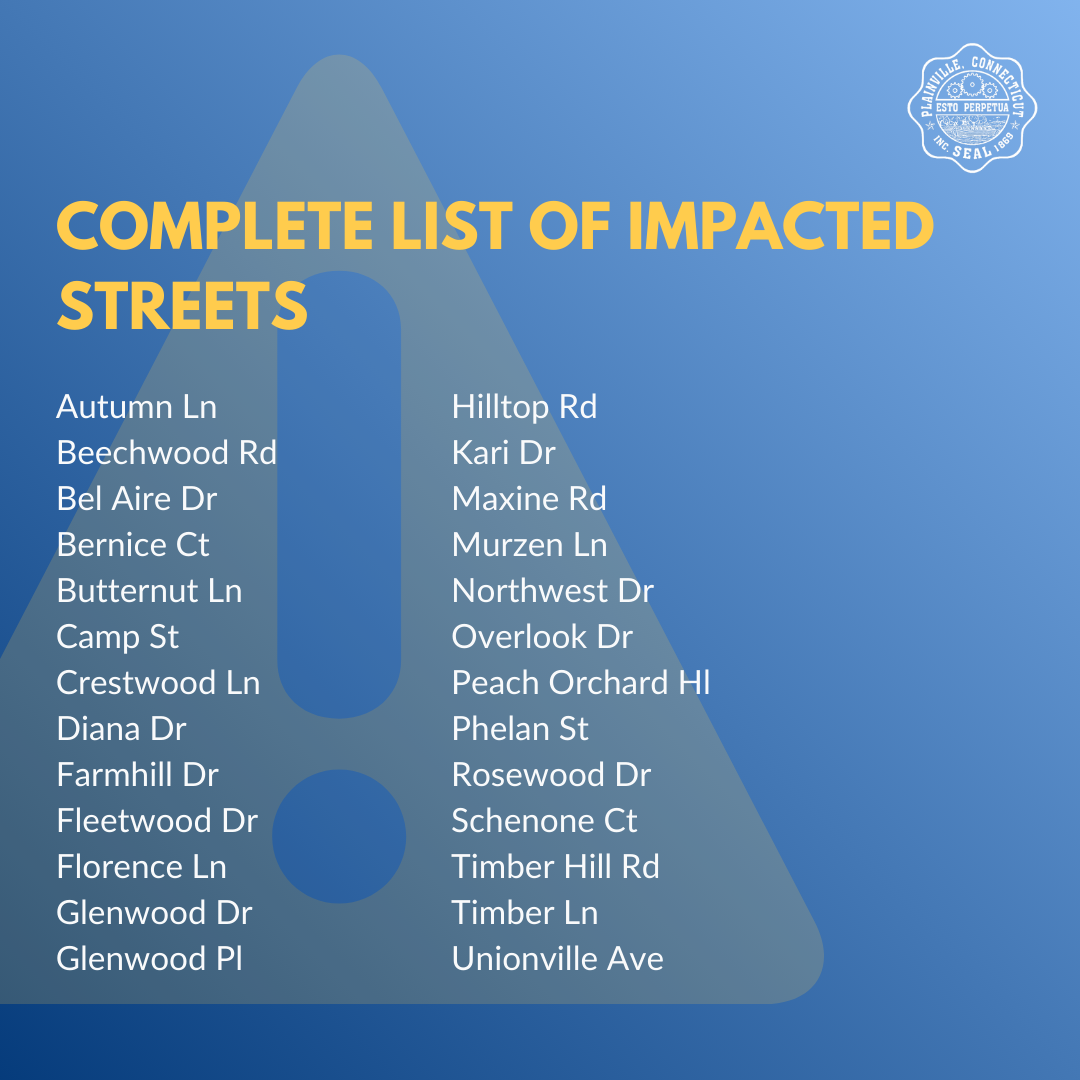 List of impacted streets for Aquarion Fire Flow Testing
