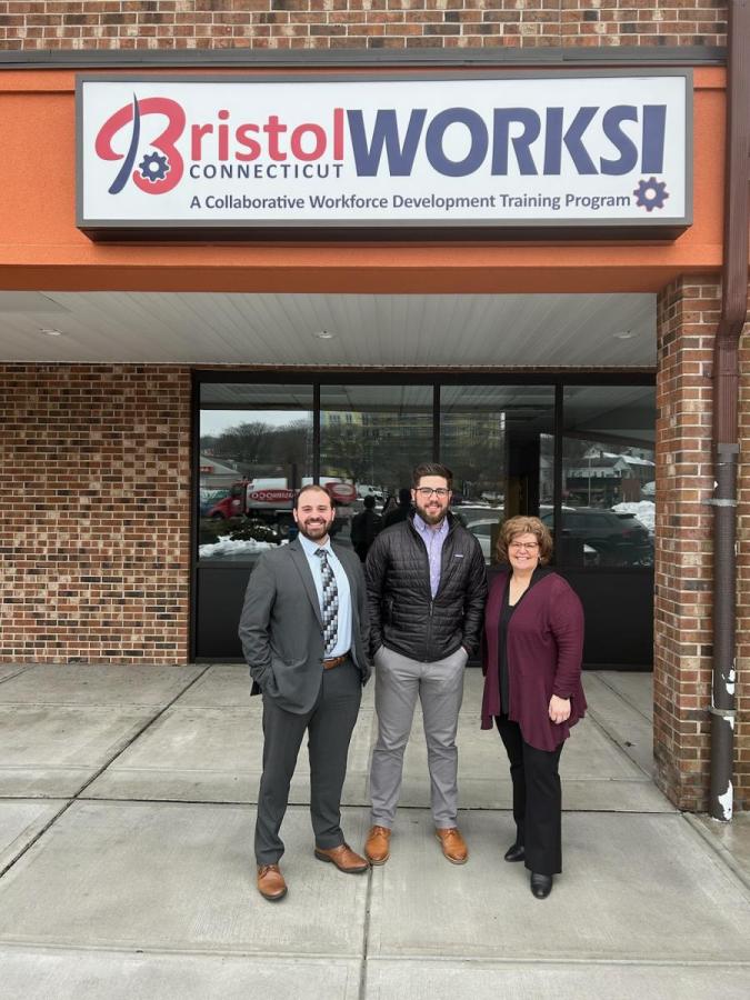 Photo of BristolWORKS! Director and Plainville Town Staff at BristolWORKS! facility.